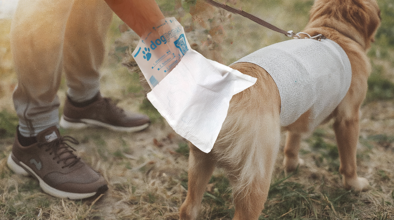 Lucid_Realism_Erstelle_ein_HeroBild_fr_eine_HundehygieneStartu_1 Ein Mann wischt dem Hund mit unserem Hundetoilettenpapier den Po Arsch ab